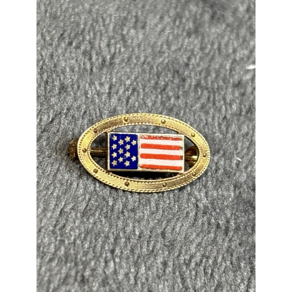 Vintage 13 Star American Flag Enamel Pin Brooch USA Patriotic 14K Yellow Gold